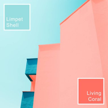 Abstract background with modern building toned in trendy colors of the year 2019. Living Coral and Limpet Shell. clipart