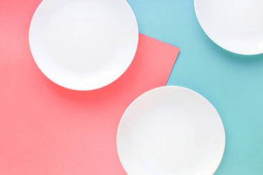 Renk arka plan üzerinde üç beyaz tabaklar. Soyut, en iyi görünüm. Yaşam mercan ve vantuzlu kabuk. 2019 trendy renkleri.