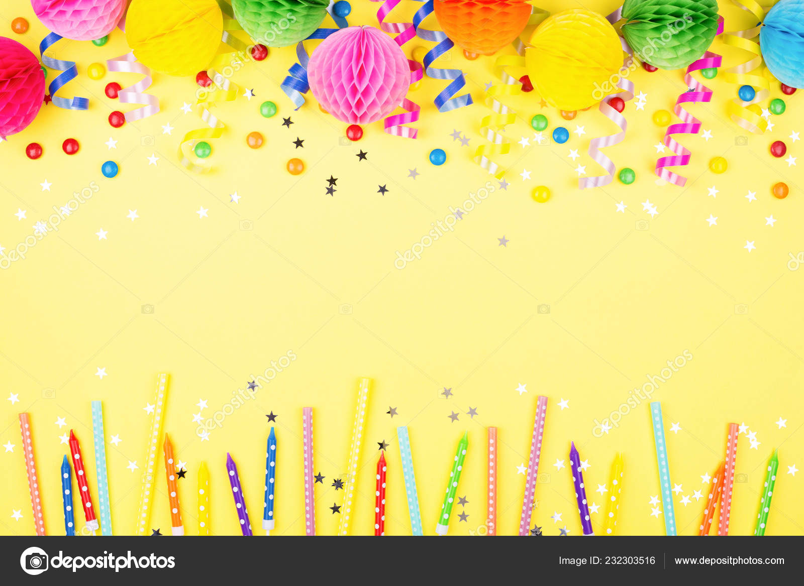 Birthday Party Background Yellow Top View Border Made Colorful Serpentine  Stock Photo by ©Olga_Z 232303516