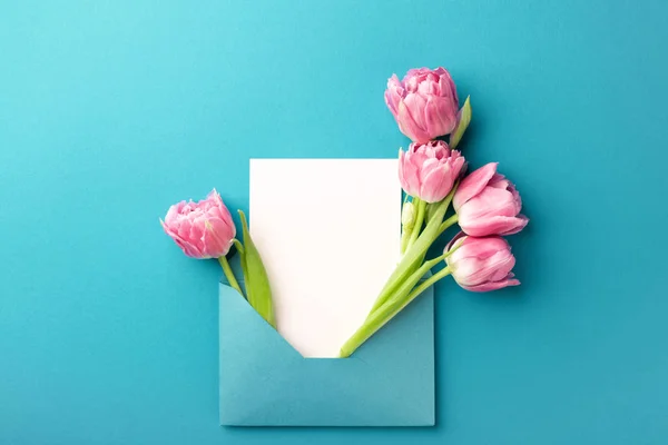 Tulipes roses et carte blanche dans l'enveloppe . — Photo