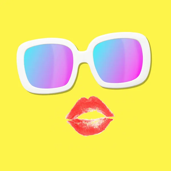 Collage d'art contemporain composé de lèvres et de lunettes de soleil . — Photo