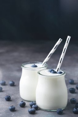 Bir kavanozda yaban mersini ile Yunan yoğurt.