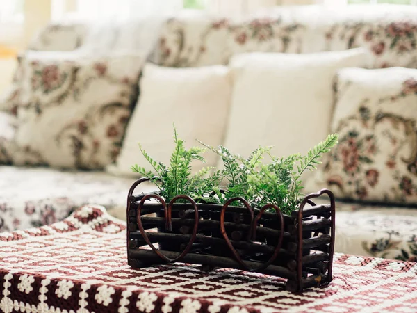 Fake plastic plants decorated on the table and sofa set in living room.