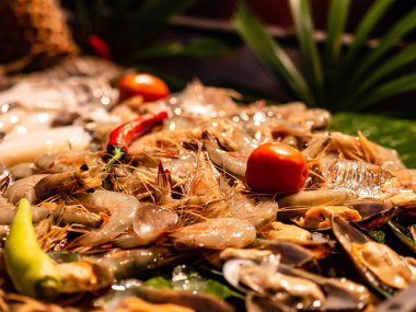 Buz açık büfe akşam yemeği için taze deniz ürünleri.