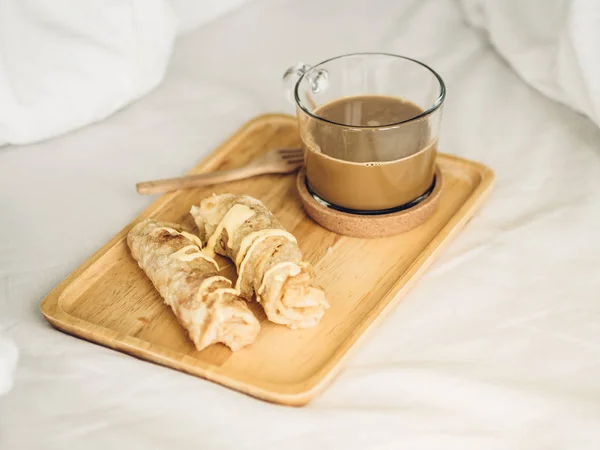 Breakfast Set Thai Sweetened Roti Hot Cocoa Served Bed — Stock Photo, Image