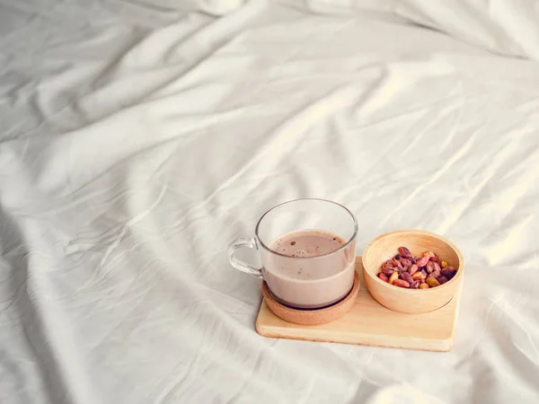 Small Snacks Set Salted Beans Hot Chocolate Served Bed Morning — Stock Photo, Image