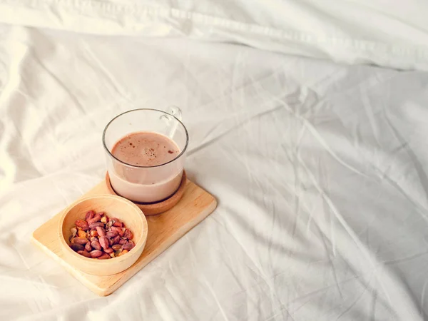 Small Snacks Set Salted Beans Hot Chocolate Served Bed Morning — Stock Photo, Image