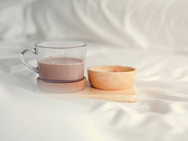 Small Snacks Set Salted Beans Hot Chocolate Served Bed Morning — Stock Photo, Image