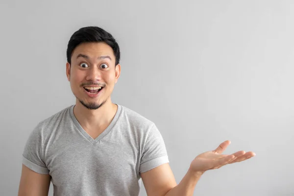 Wow Shocked Face Asian Man Point Present Empty Space Content — Stock Photo, Image