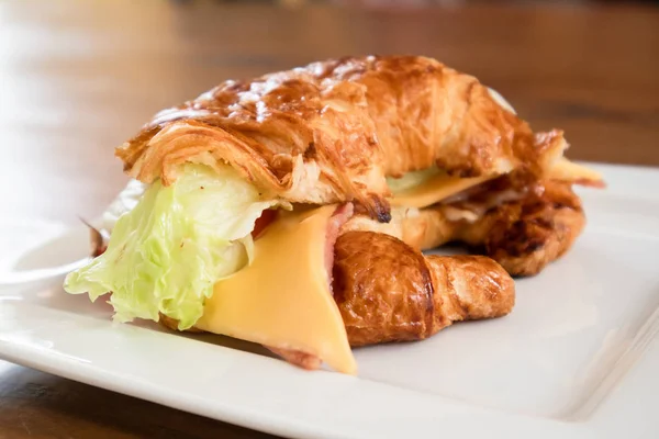 Cheese Hams Croissant White Dish Table — Stock Photo, Image