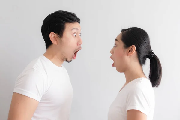 Shocked Surprised Face Asian Couple Lover White Shirt — Stock Photo, Image