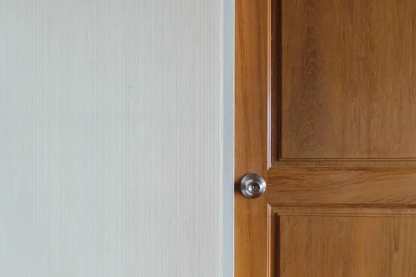 Simple door knob of a wooden door with empty wall space.