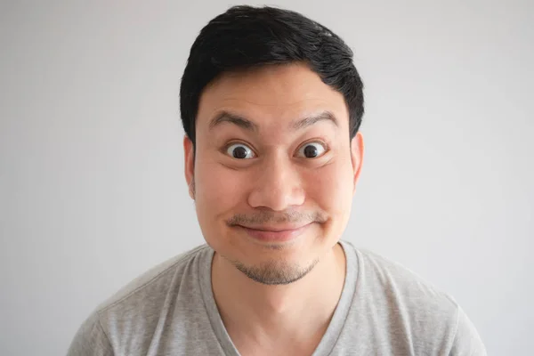 Very Happy Funny Face Asian Man Big Innocent Smile Grey — Stock Photo, Image