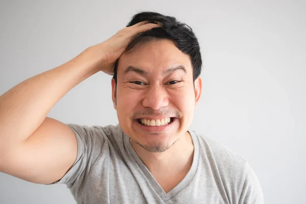 Very Happy Funny Face Asian Man Big Innocent Smile Grey — Stock Photo, Image