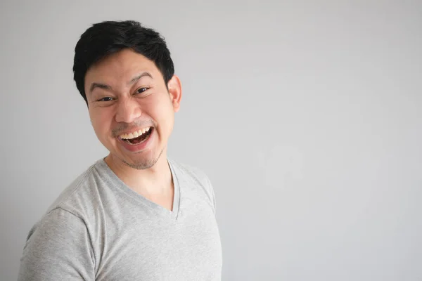 Very Happy Funny Face Asian Man Big Innocent Smile Grey — Stock Photo, Image