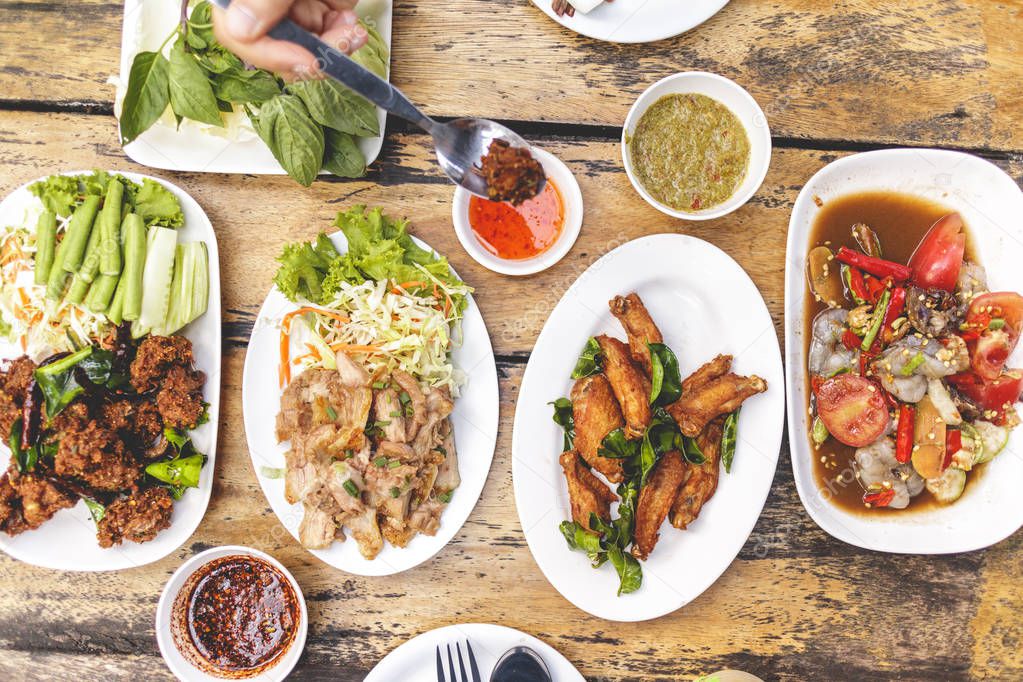 Local Isan food set or Thai northeastern food meal.