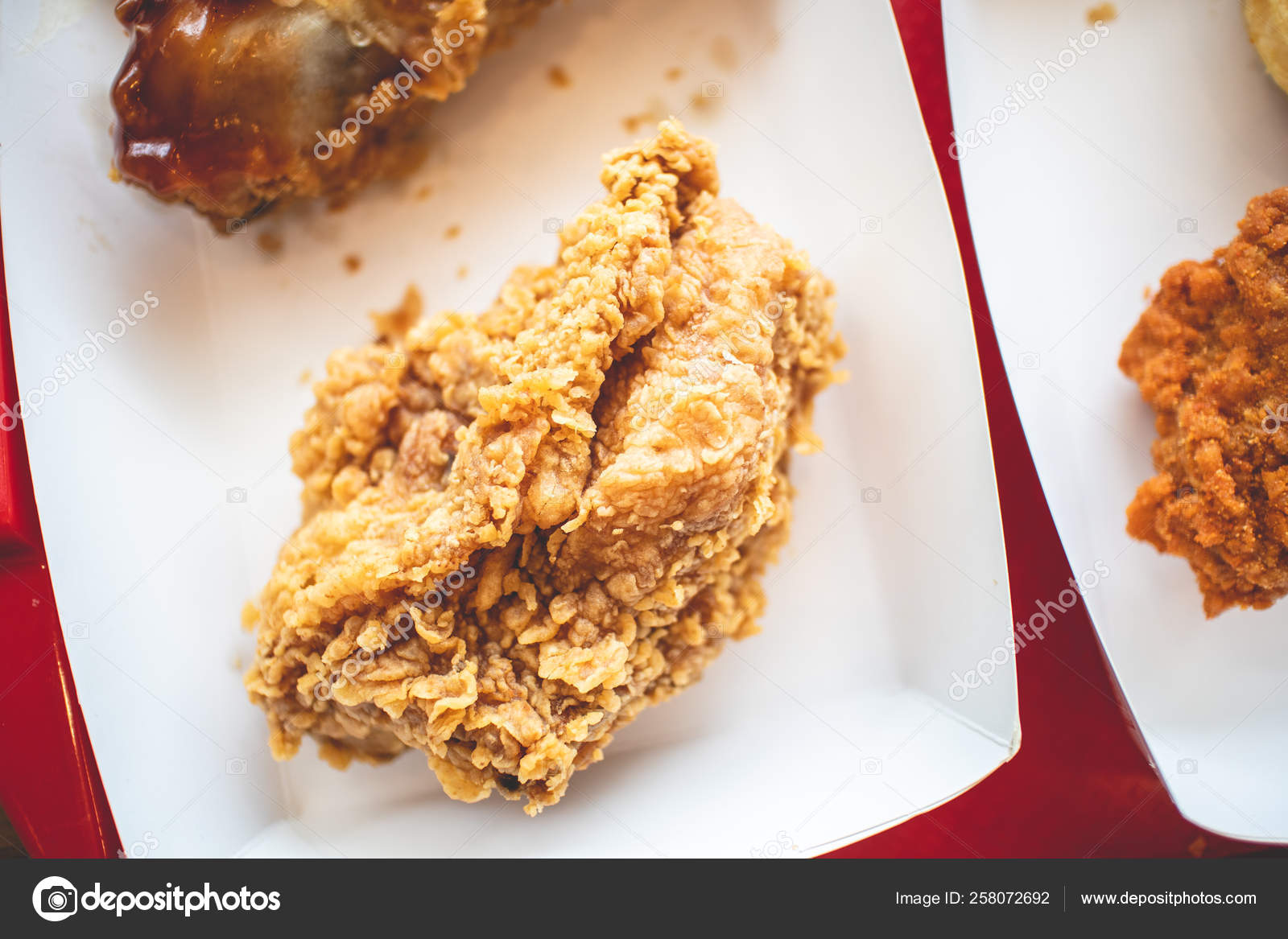 Crispy Fried Chicken Junk Food In The Paper Box Of A Franchise Cafe Stock Photo Image By C Sevendeman 258072692