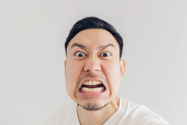 Close up face of angry man selfie himself. — Stock Photo, Image