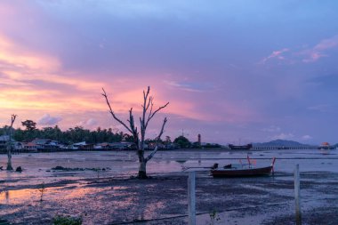 Pembe ve mavi alacakaranlık gökyüzü alçak gelgit kumsalı.