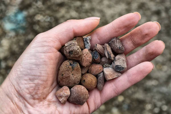 岩、石の抽出拡大労働者の手に粘土 — ストック写真