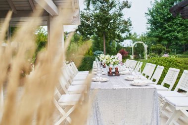 Açık alanda bir doğum günü kutlaması için hazırlanıyor. Tatilden önce parktaki yeşil çimlerin üzerinde tabaklar ve sandalyeler olan beyaz masalar. Doğumgünü doğasında. Yaz parkındaki ağaçlar tatil için