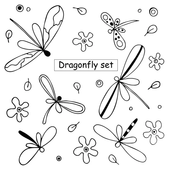 Set Van Felle Schattige Libellen Met Ornament Vectorafbeelding — Stockvector