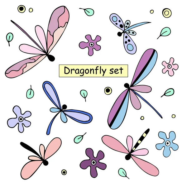 Set Bright Cute Dragonflies Ornament Vector Image — Stock Vector