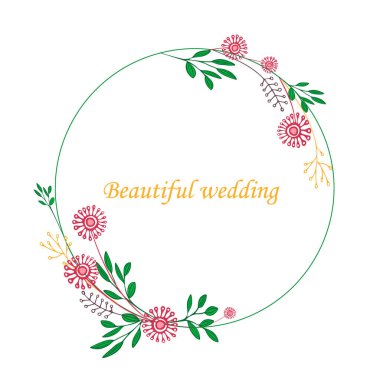 Çiçek çelengi. Üzerinde güzel düğün yazan bir kartpostal. Vektör illüstrasyonu.