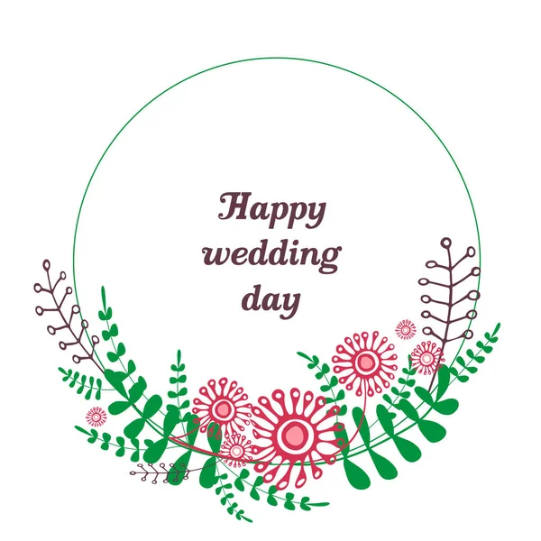 Blumenkranz Vorhanden Postkarte Mit Der Aufschrift Happy Wedding Day Vektorillustration — Stockvektor