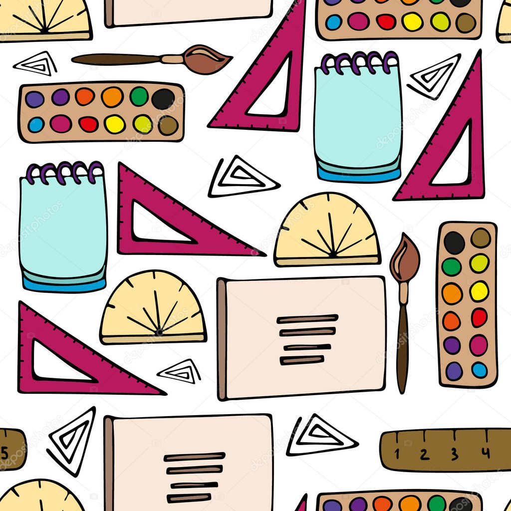 Back to school patter. Seamless picture, background with school supplies and elements. Vector design.