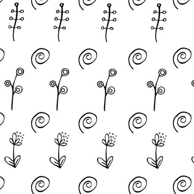 Beyaz arka planda siyah çiçekleri ve dalları olan kusursuz bir desen. vektör