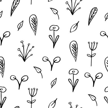 Beyaz arka planda siyah çiçekleri ve dalları olan kusursuz bir desen. vektör