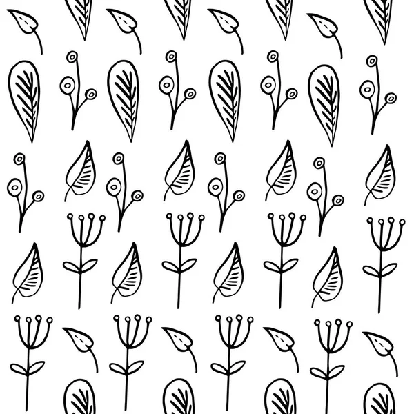 Naadloos Patroon Met Zwarte Bloemen Takken Een Witte Achtergrond Vector — Stockvector