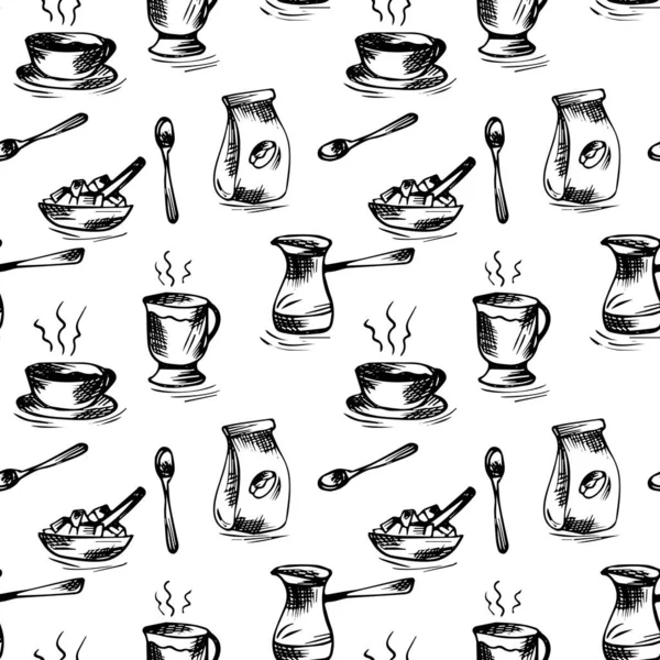 Padrão Café Doodle Imagem Sem Costura Fundo Branco Ilustração Vetorial — Vetor de Stock