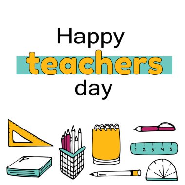 Dünya Öğretmenler Günü. Elle çizilmiş kartpostal. Tebrikler kartpostal. Vektör.