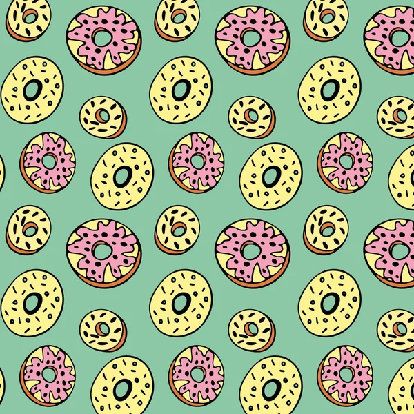 Belo Padrão Rosquinhas Fundo Verde Deliciosos Donuts Multicoloridos Desenhados Mão — Vetor de Stock