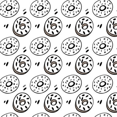 Beyaz arka planda güzel çörek desenleri var. Elle çizilmiş lezzetli çok renkli çörekler. Vektör illüstrasyonu.