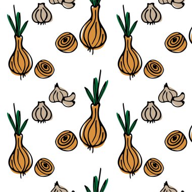Sebzelerle çok renkli, pürüzsüz desen. Soğan ve sarımsak. Vektör illüstrasyonu