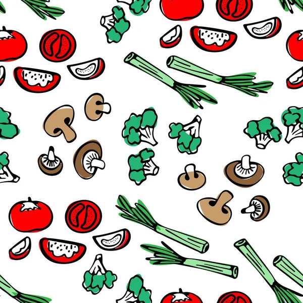 Πολύχρωμο Μοτίβο Χωρίς Ραφή Λαχανικά Ντομάτες Μπρόκολο Μανιτάρια Και Πράσα — Διανυσματικό Αρχείο
