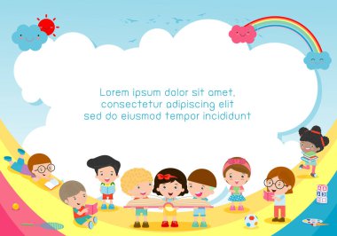 Okul, çocuklar okul, eğitim kavramı, çocuk ve Kitaplar, reklam broşürü, metin, vektör çizim için şablon hazırlıkları