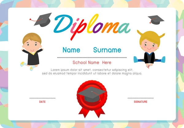 Anaokulu ve ilköğretim sertifikaları, okul öncesi çocuk diploması tasarım şablonu, anaokulu öğrencileri için diploma şablonu, çocuk diploması, vektör ilüstrasyonu
