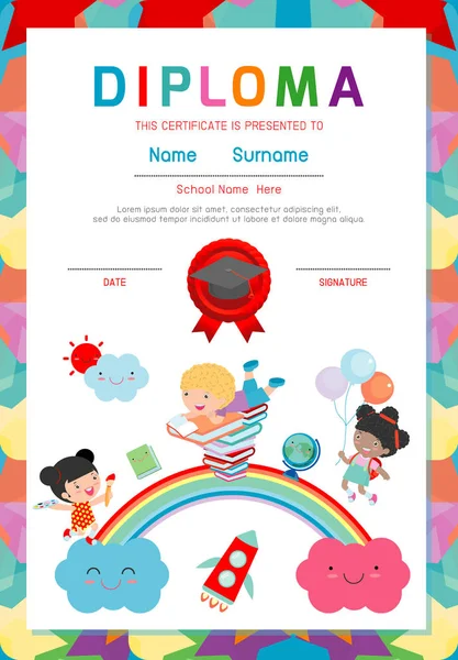 Certificaten Kleuterschool Basisschool Kleuterschool Kids Diploma Certificaat Achtergrond Ontwerp Template — Stockvector