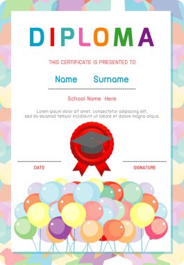 Anaokulu ve ilköğretim sertifikaları, okul öncesi çocuk diploması tasarım şablonu, anaokulu öğrencileri için diploma şablonu, çocuk diploması, vektör ilüstrasyonu