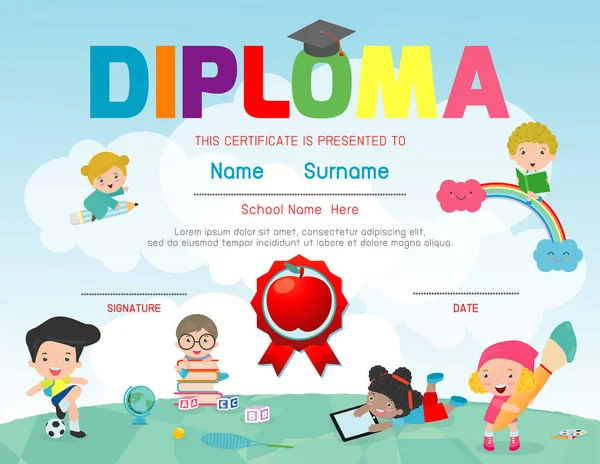 Certificados Jardim Infância Elementar Pré Escolar Crianças Diploma Certificado Modelo — Vetor de Stock