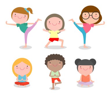 Pratiği Yoga, çocuklar mutlu çizgi film çocuk pratiği Yoga, Çocuk Yoga egzersizleri. Beyaz arka plan, vektör çizim üzerinde sağlıklı yaşam tarzı