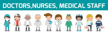 Doktor, Hemşire, tıp personeli beyaz arka plan üzerinde izole düz stil kümesi. Hastane sağlık personeli Doktor Hemşire cerrah, vektör çizim takım.