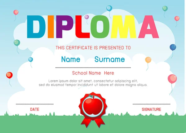 Anaokulu ve ilköğretim sertifikaları, okul öncesi çocuk diploması tasarım şablonu, anaokulu öğrencileri için diploma şablonu, çocuk diploması, vektör ilüstrasyonu