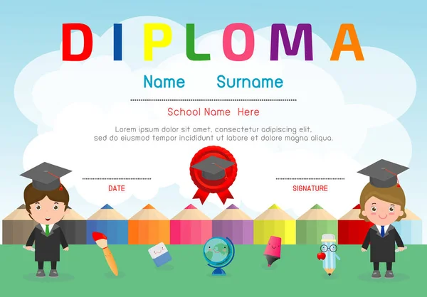 Anaokulu ve ilköğretim sertifikaları, okul öncesi çocuk diploması tasarım şablonu, anaokulu öğrencileri için diploma şablonu, çocuk diploması, vektör ilüstrasyonu