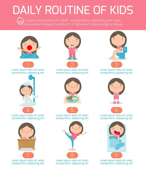 günlük rutin, mutlu çocuk günlük alışılmış çalışma yöntemi. Infographic öğesi. Sağlık ve hijyen, çocuklar, vektör çizim için günlük rutin.