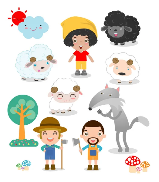 Set Shepherd Boy Wolf Story Kids Vector Illustration — Stock Vector